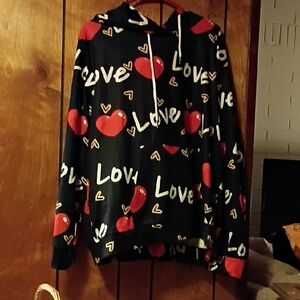 2pcBlack Hoodie Set with Red Heart and Love Print